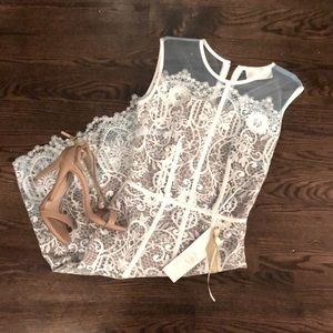 NWT! White lace on sheer blue midi dress. perfect for rehearsal dinner!